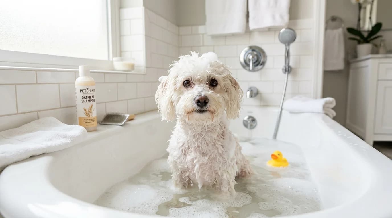 Wet white dog standing in shallow bath water