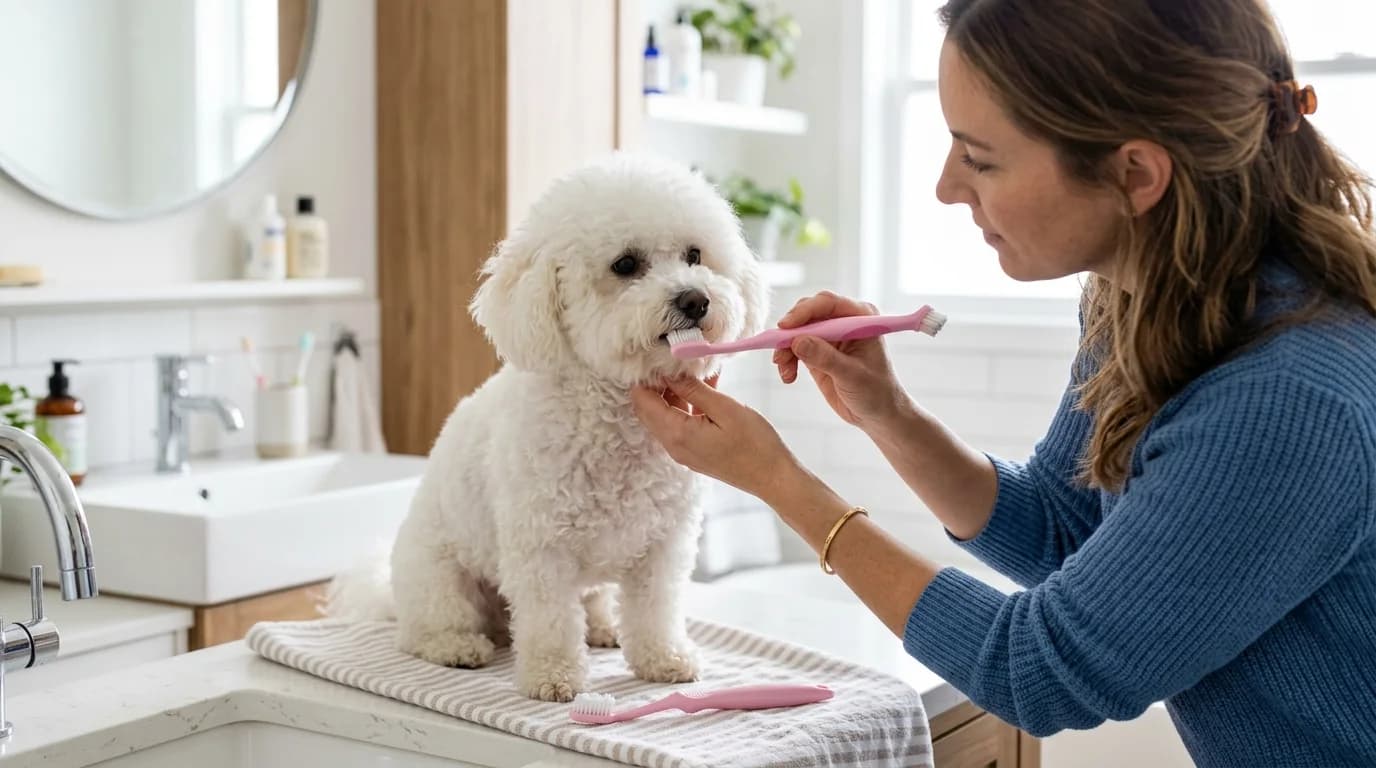 Woman holding a dog toothbrush against a white dog’s mouth