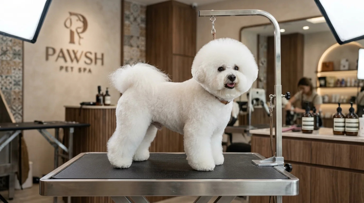 White dog with a rounded haircut standing on a grooming table