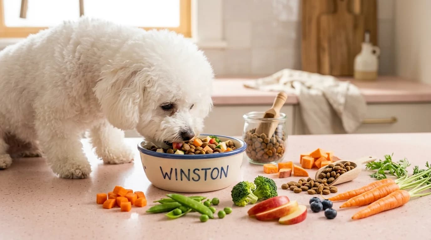 White dog eating from a bowl with kibble and vegetables nearby