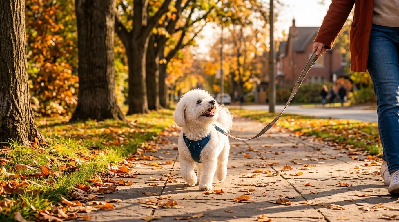 White dog wearing a blue harness walking on a loose leash beside a person