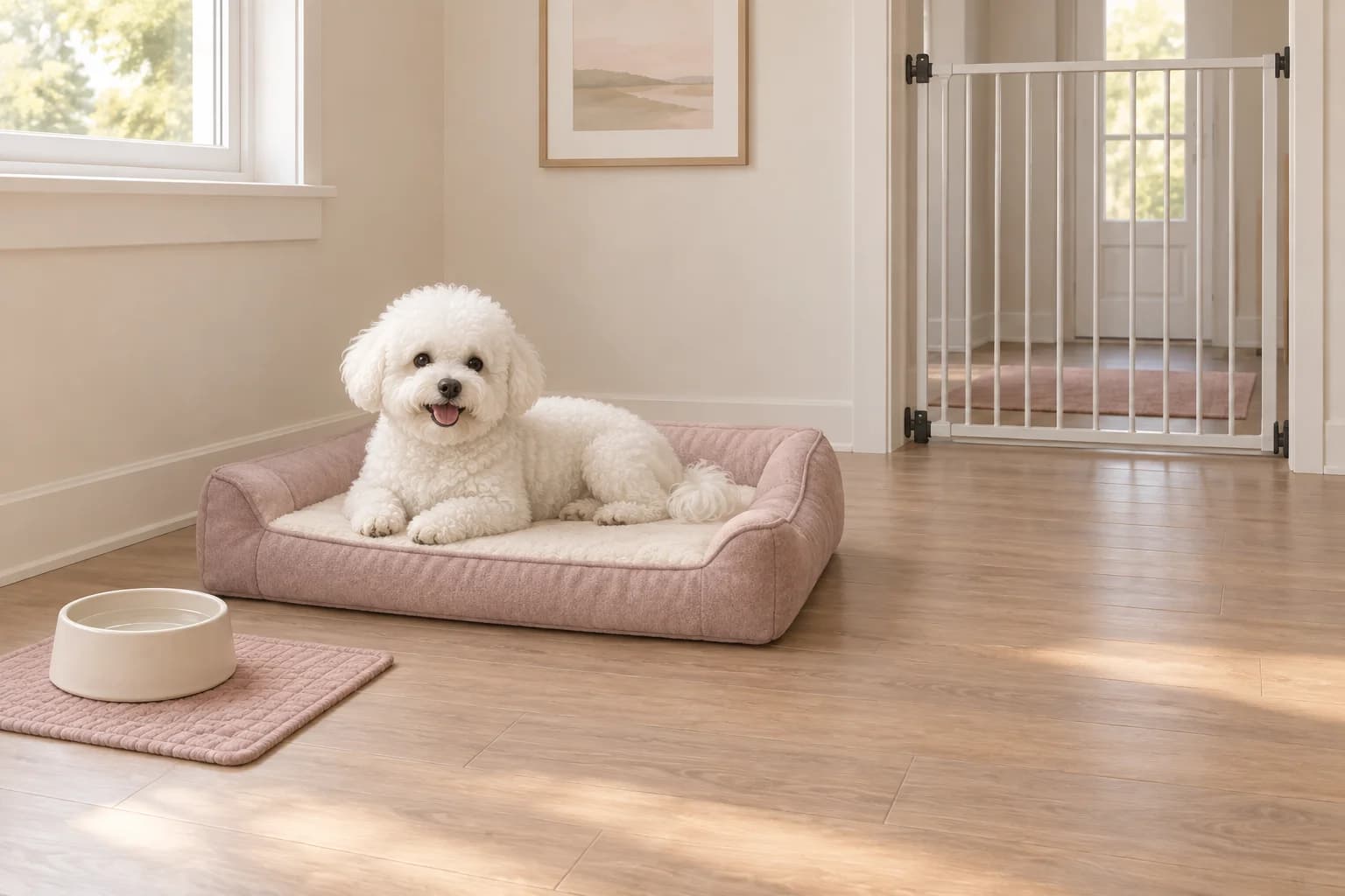 Illustration of a white Bichon resting on a dog bed with a water bowl and doorway gate nearby
