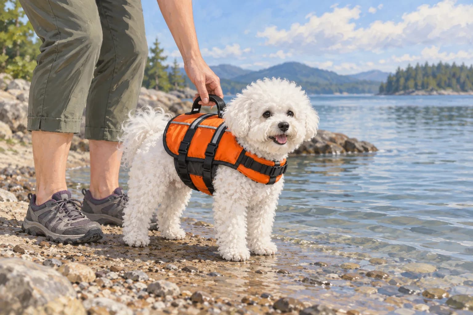 Illustration of a white Bichon in an orange flotation vest beside a handler at the water’s edge