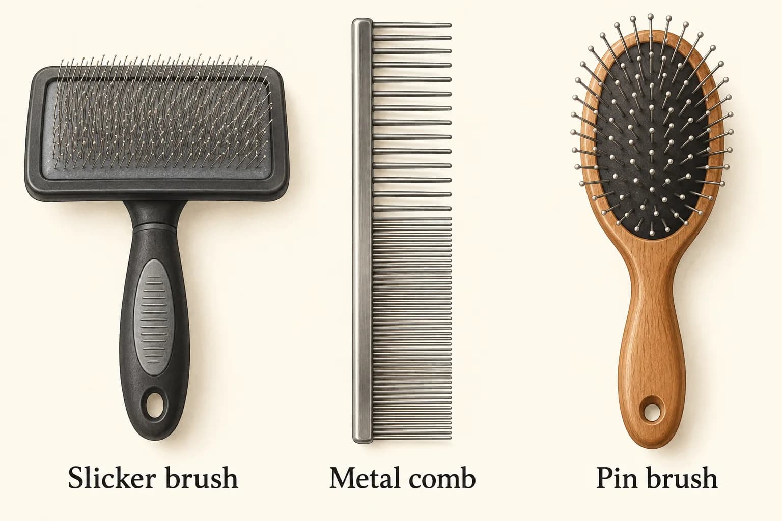 Illustrated slicker brush, metal comb and pin brush, each labeled