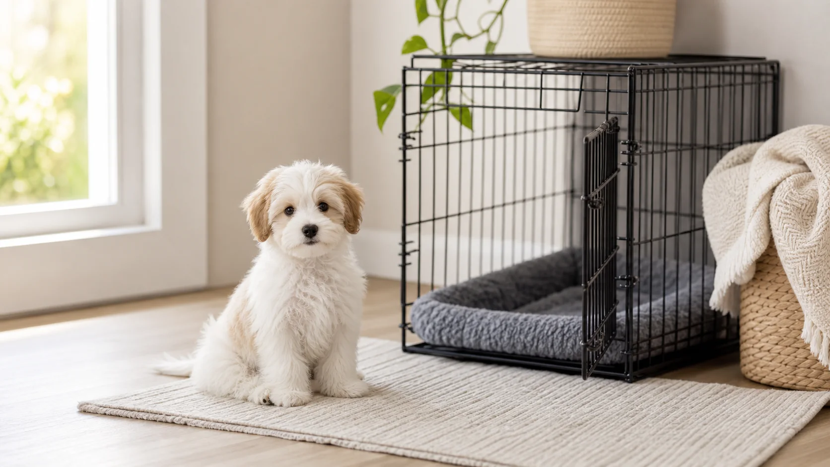 Cream and white puppy sitting beside an open crate