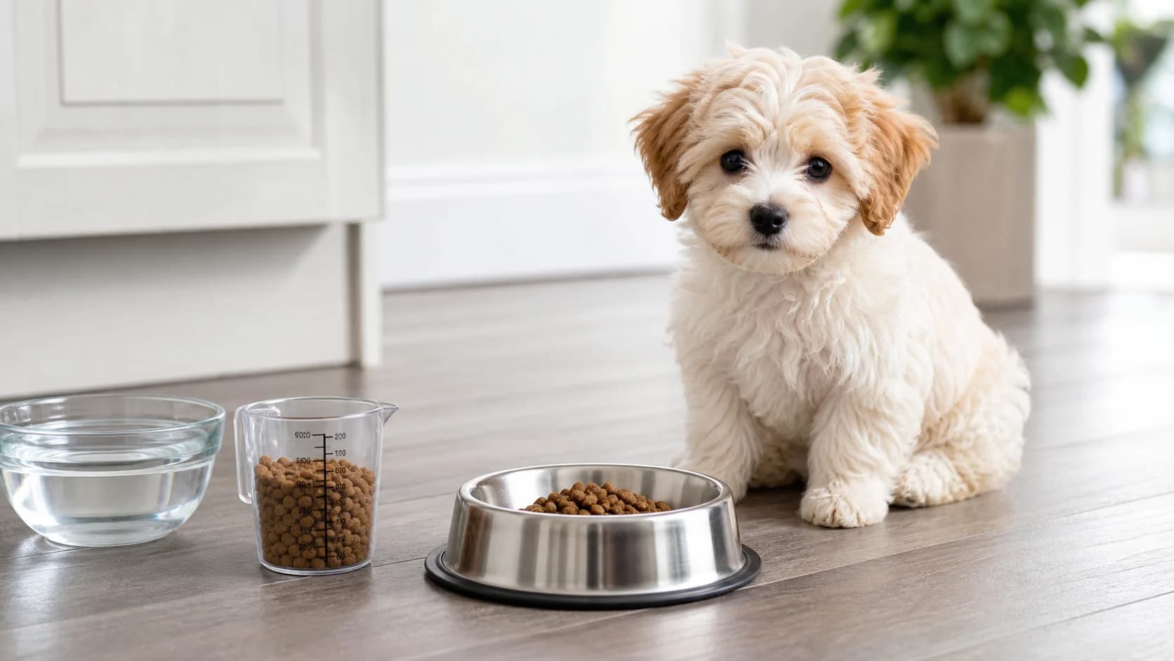 Cream and white puppy beside a kibble bowl, measuring cup and water bowl
