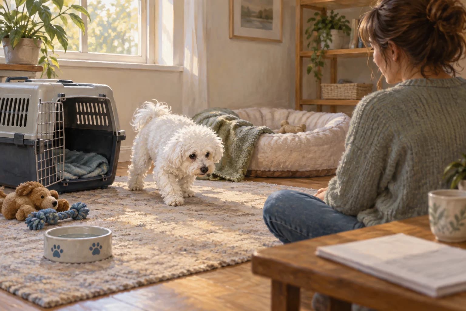 Illustration: Newly adopted Bichon exploring a quiet room while its owner sits nearby