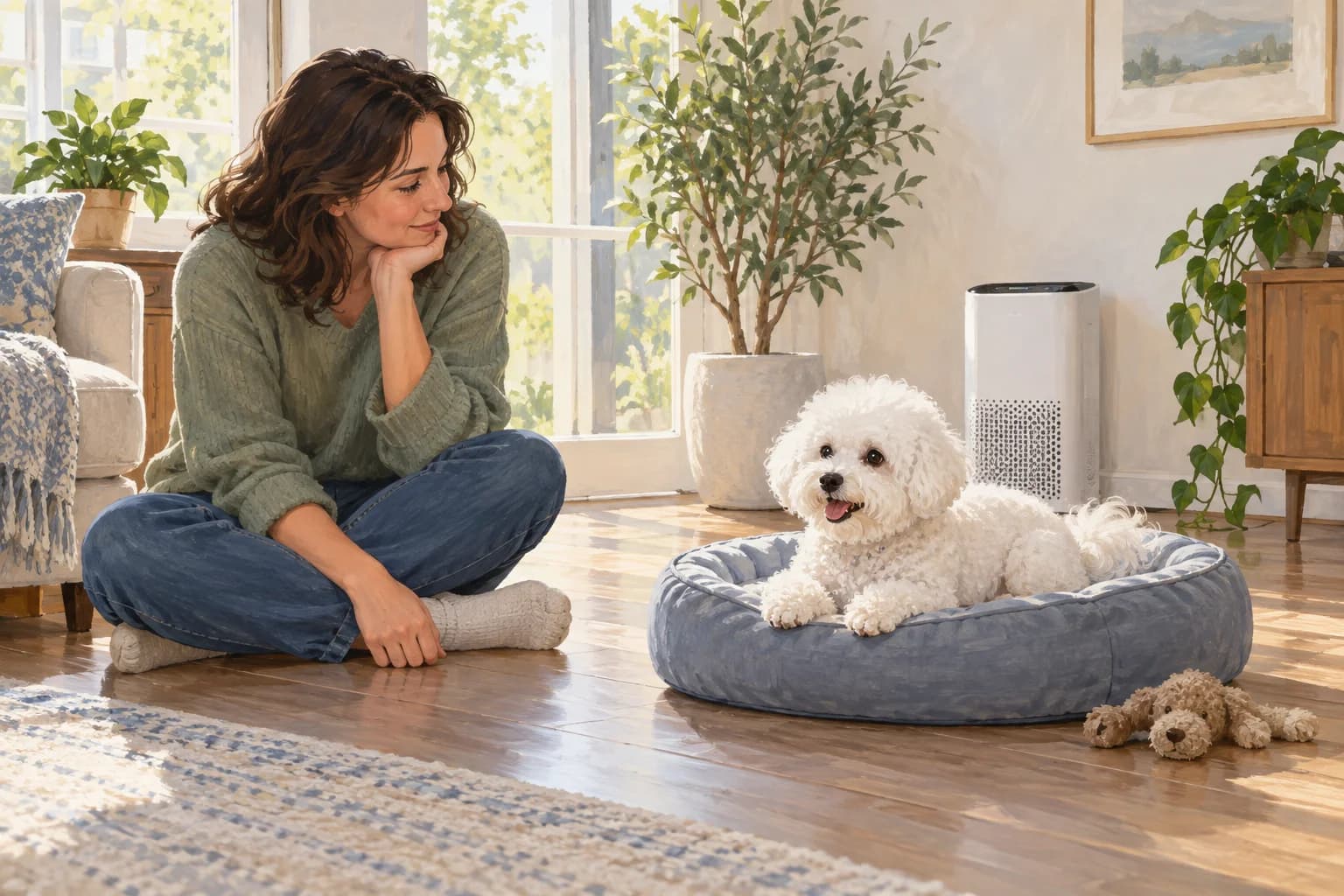 Illustration: Adult spending time near a Bichon in a room with a washable bed and air purifier