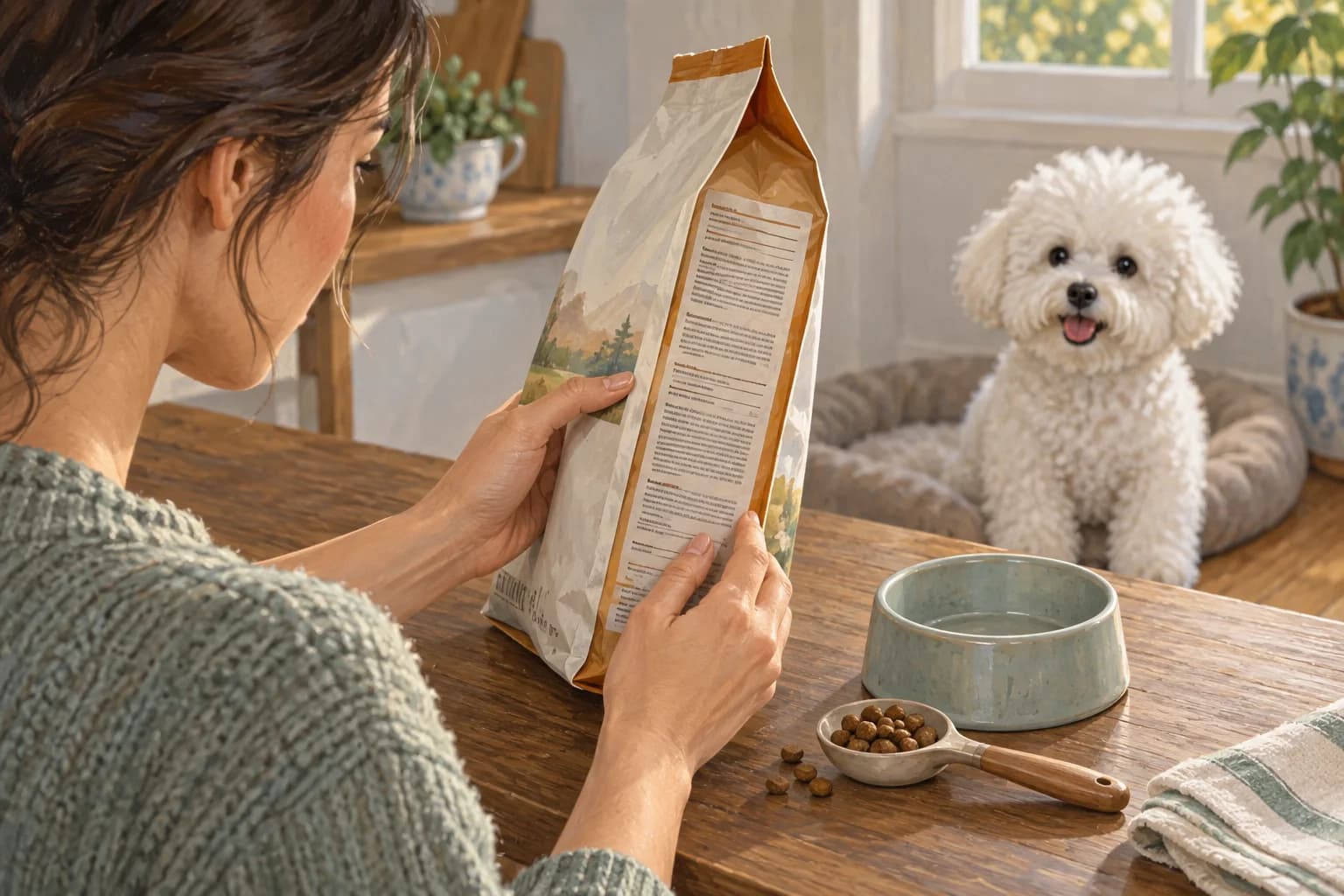 Illustration: Owner inspecting a dry food bag beside a spoonful of kibble
