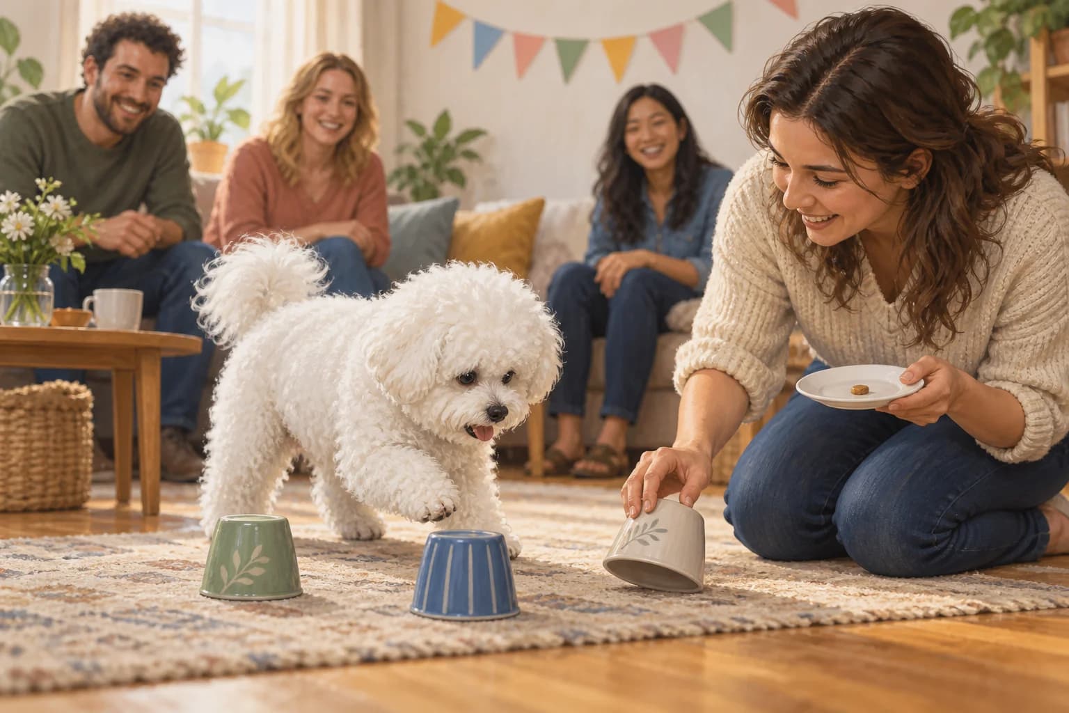 Illustration: Bichon playing with its owner beneath paper birthday bunting