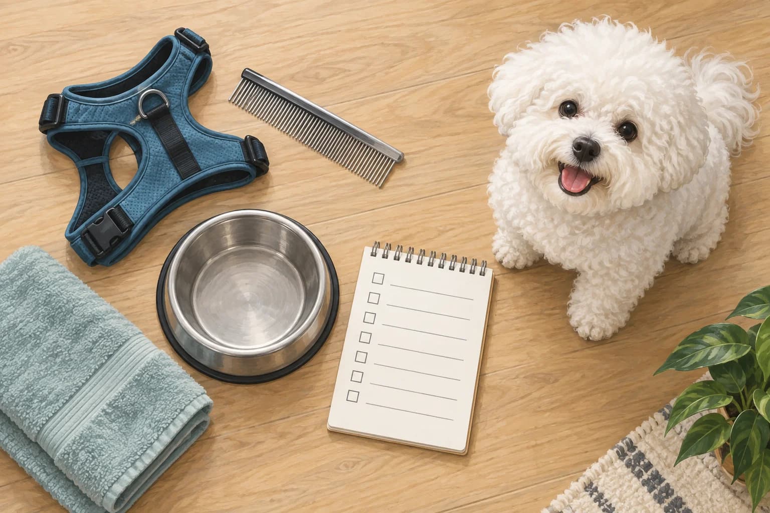 Illustration: Bichon beside a harness, comb, towel, water bowl and blank checklist