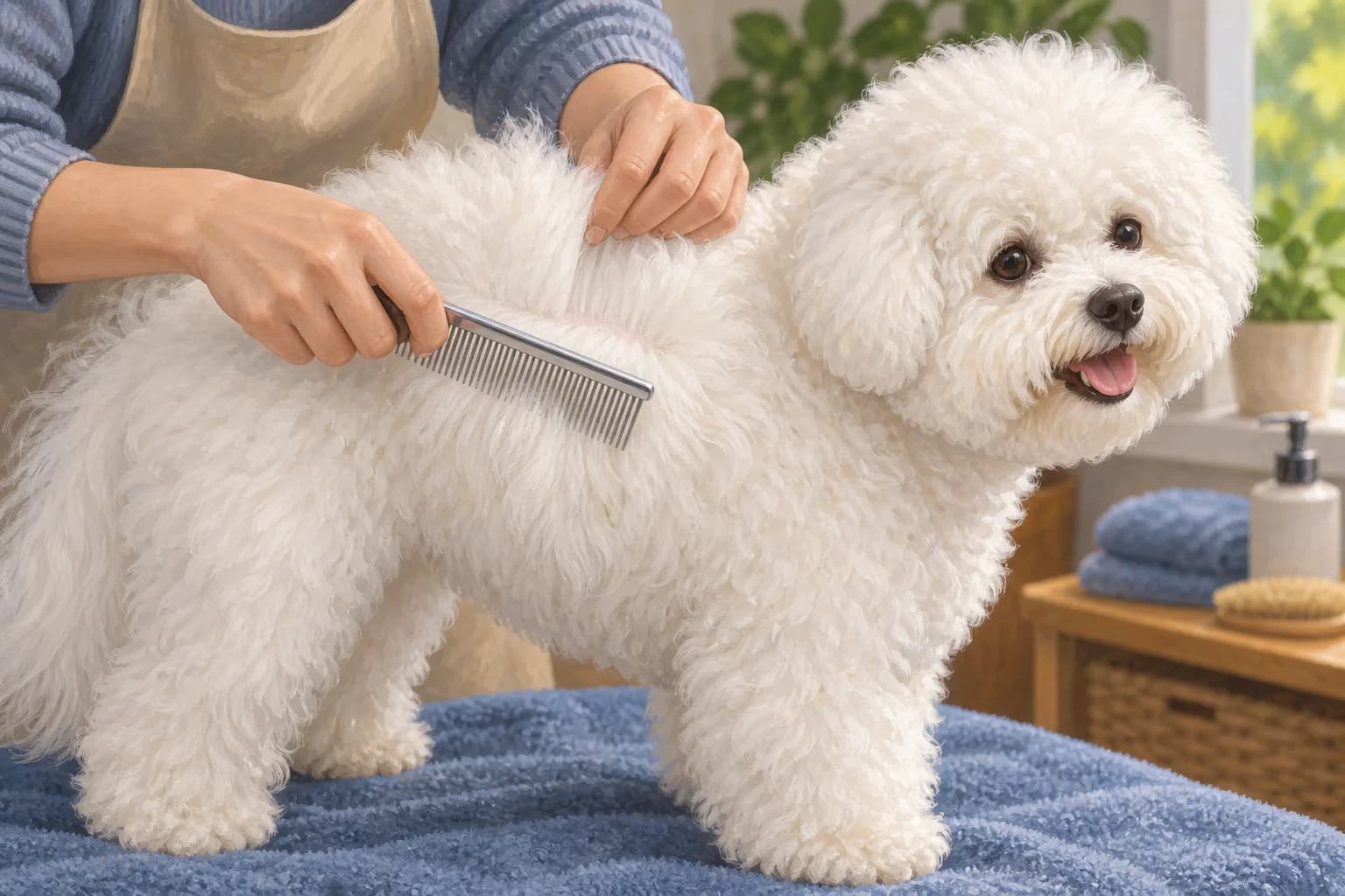 Illustration: Hands parting and gently combing a Bichon’s shoulder coat