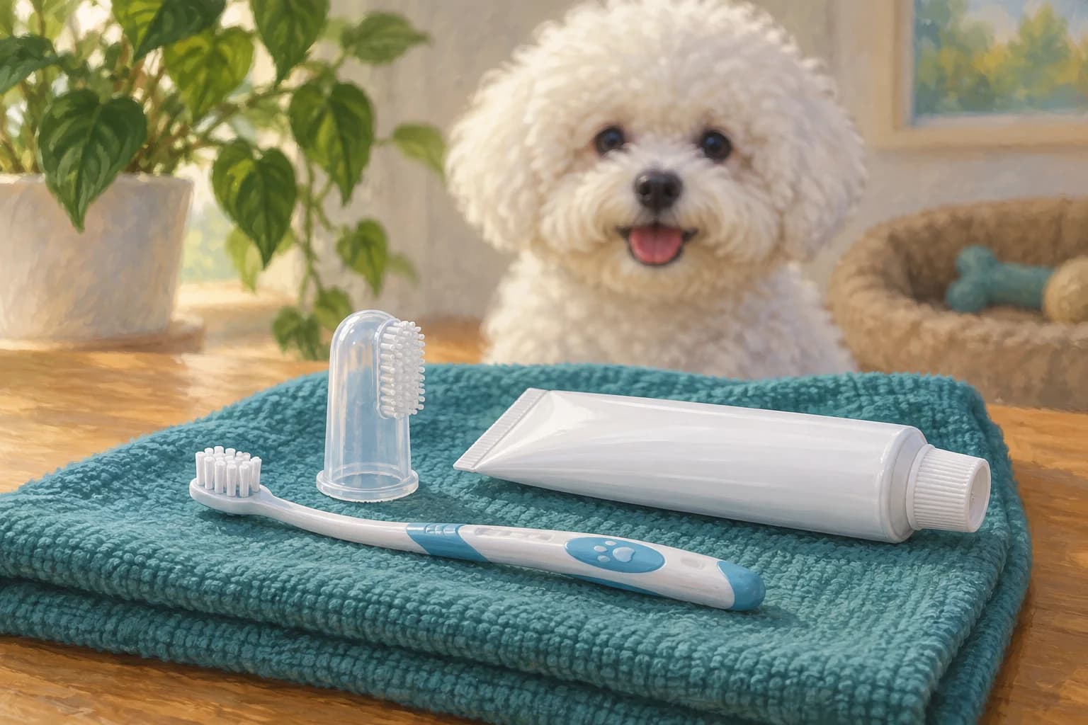 Illustration: Dog toothbrush and finger brush on a cloth with a Bichon behind them