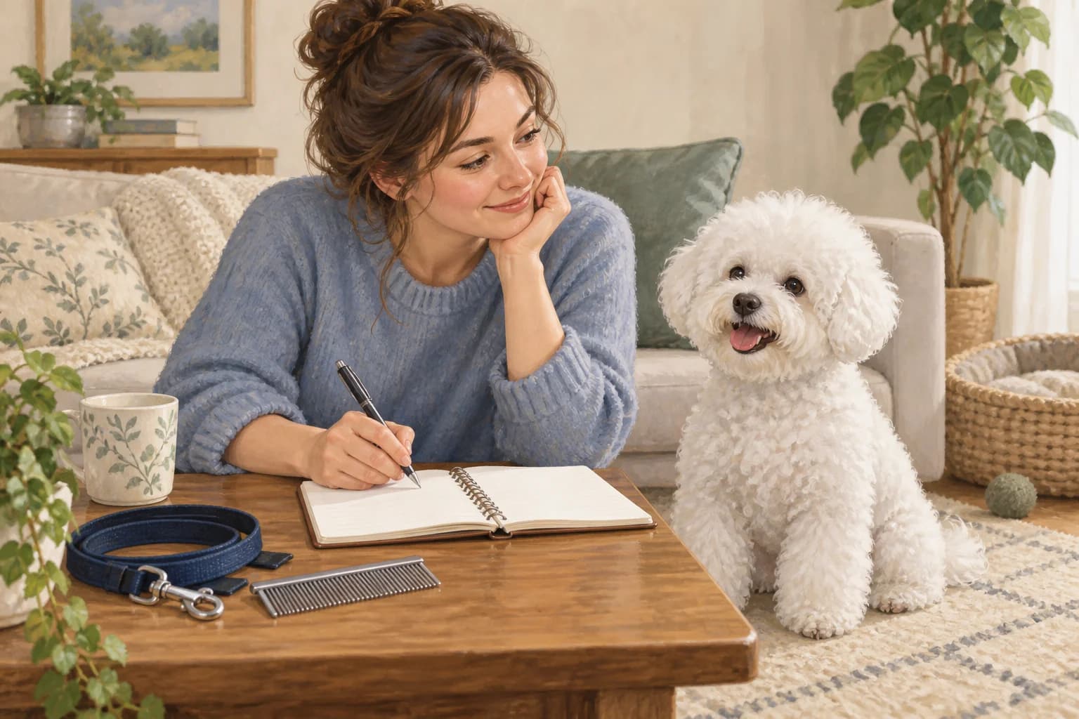 Illustration: Attentive Bichon beside a notebook, leash and grooming comb