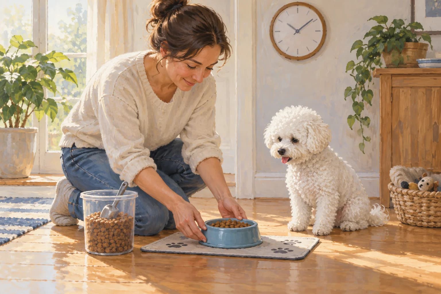 Illustration: Owner placing a measured food bowl on a mat for a waiting Bichon