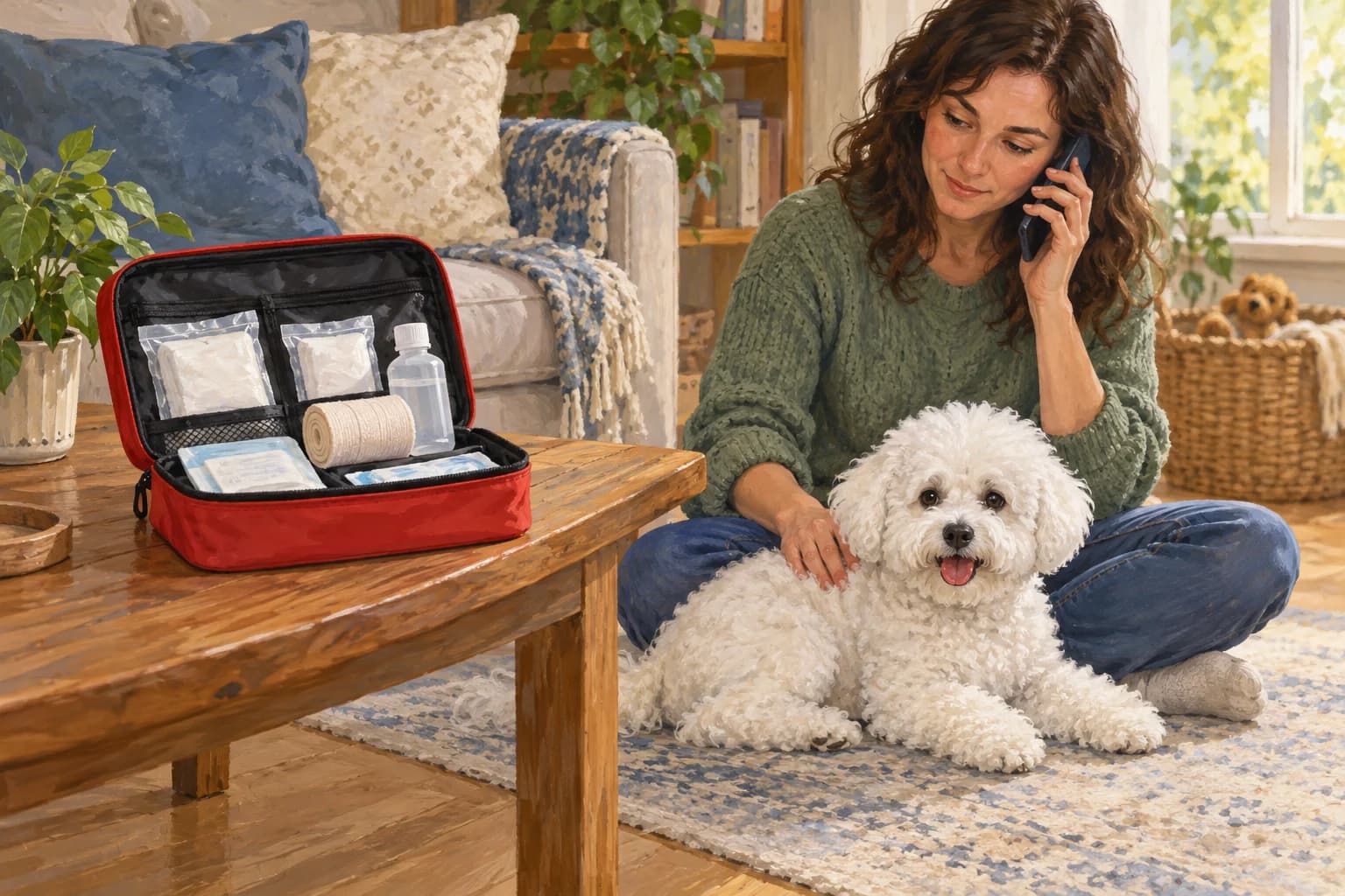 Illustration: Pet first-aid supplies beside an owner holding a phone and a calm Bichon