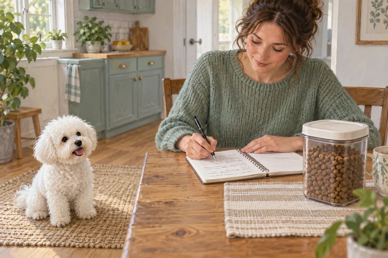 Illustration: Owner keeping a feeding diary beside a single food container while a Bichon waits