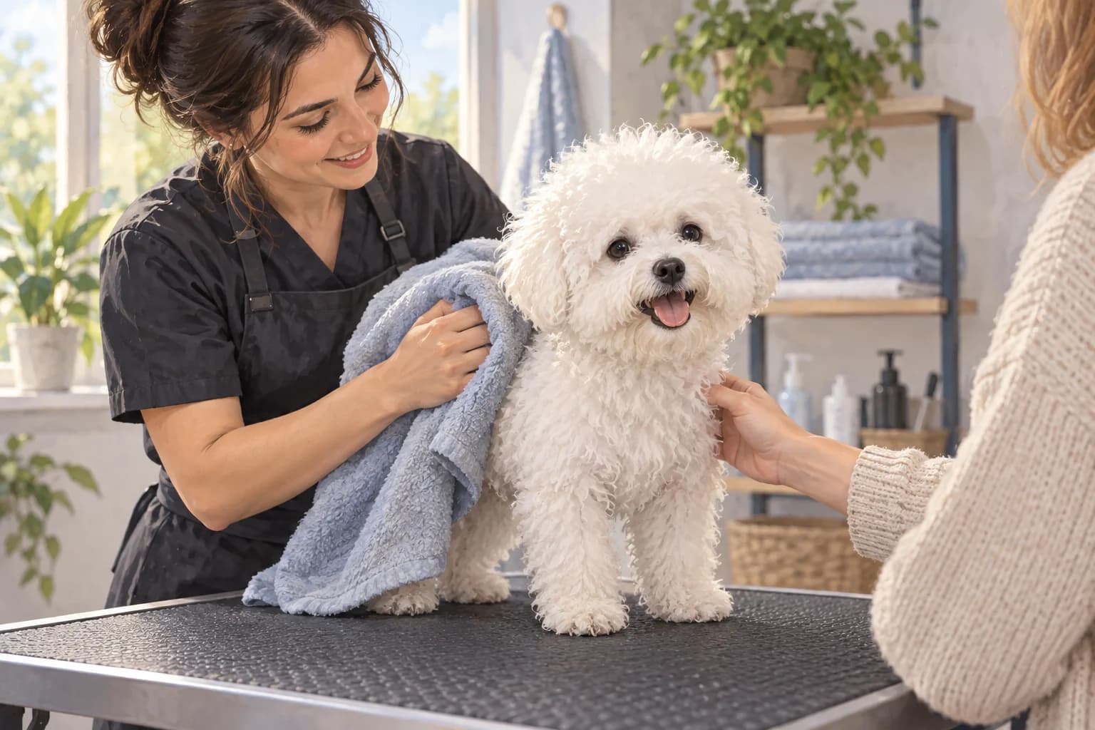 Illustration: Groomer gently towel-drying a Bichon after a bath