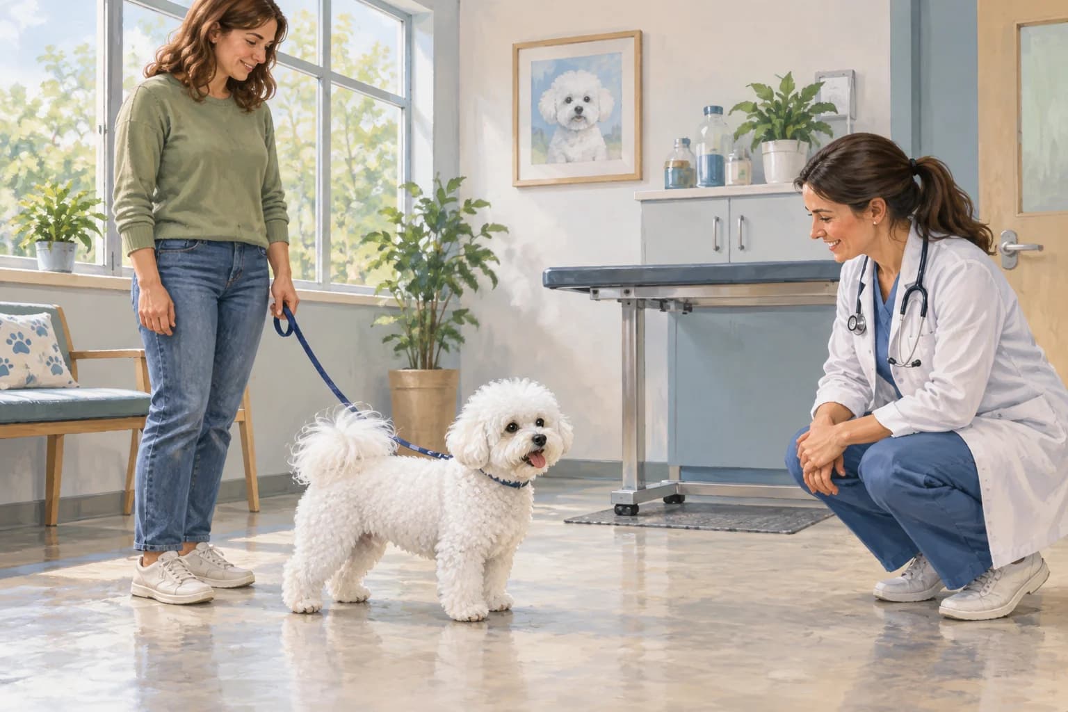 Illustration: Veterinarian observing a Bichon’s posture during a routine visit
