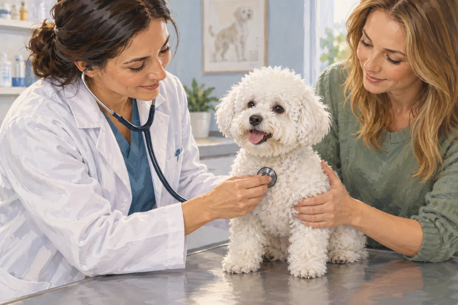 Illustration: Veterinarian listening to a Bichon’s chest with a stethoscope