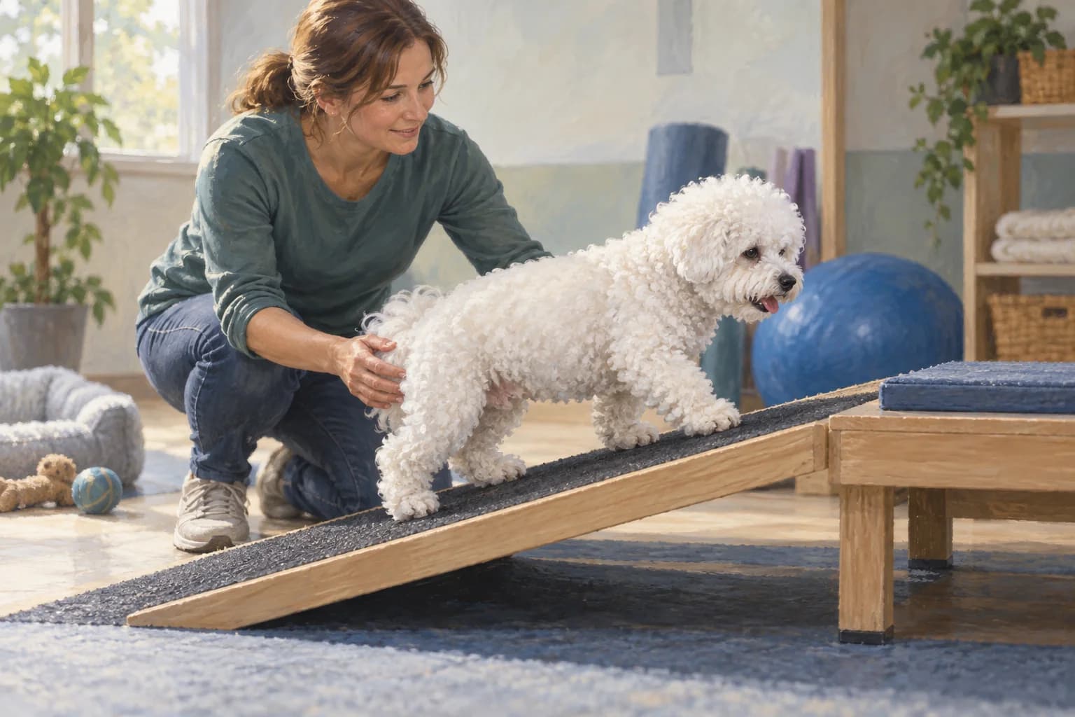 Illustration: Older Bichon walking up a low nonslip ramp beside its owner