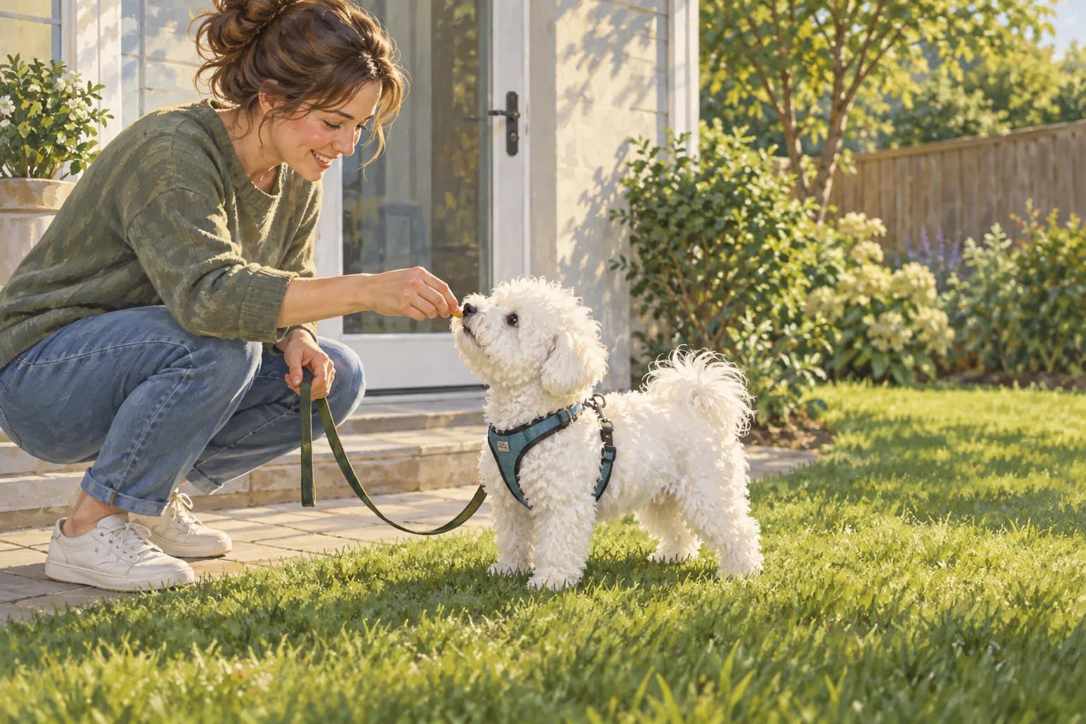 Illustration: Owner rewarding a Bichon beside a grassy outdoor toilet area