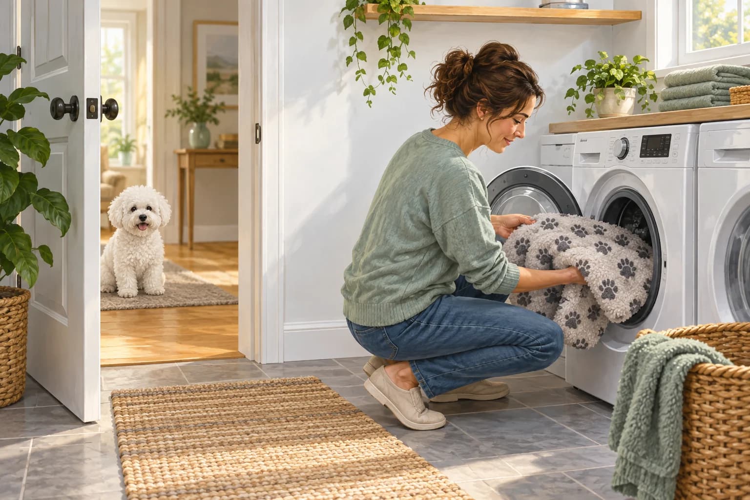 Illustration: Owner preparing a dog blanket for washing while a Bichon waits outside the laundry room