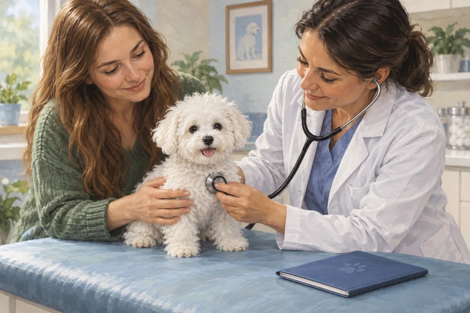 Illustration: Veterinarian examining a Bichon puppy beside its vaccination booklet