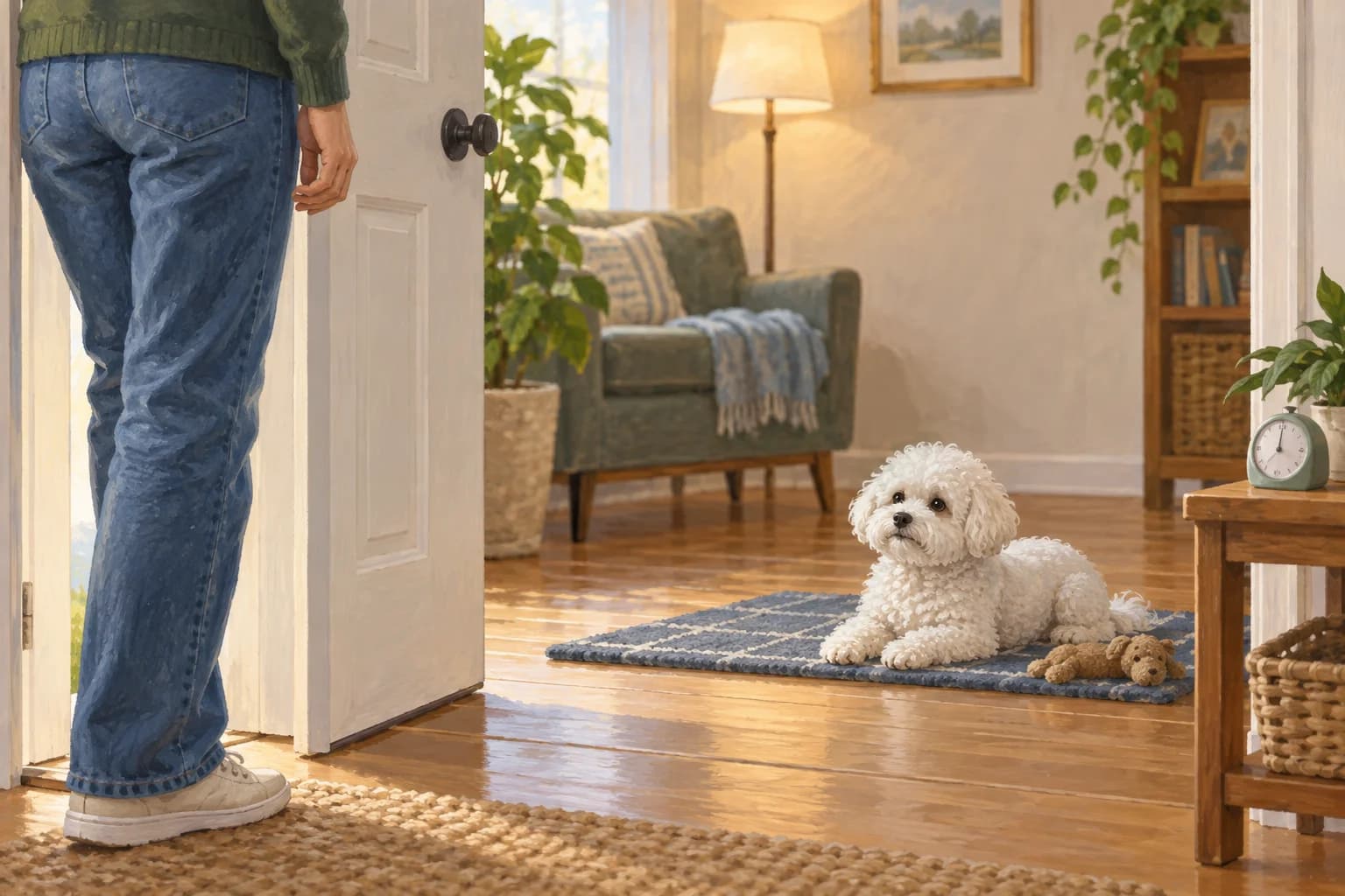 Illustration: Owner practicing a brief doorway separation with a calm Bichon on a mat