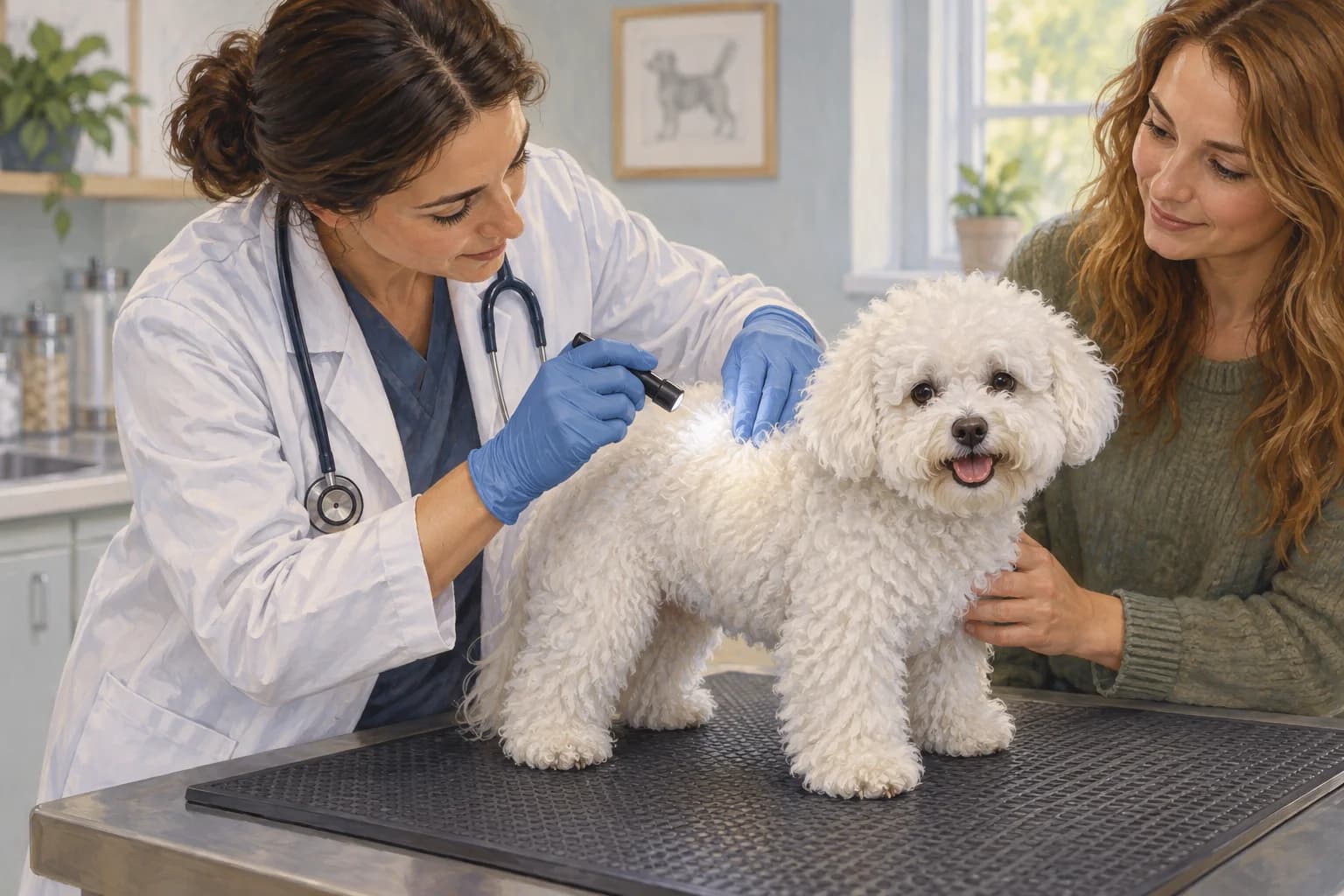 Illustration: Veterinarian parting a Bichon’s shoulder coat during a skin examination