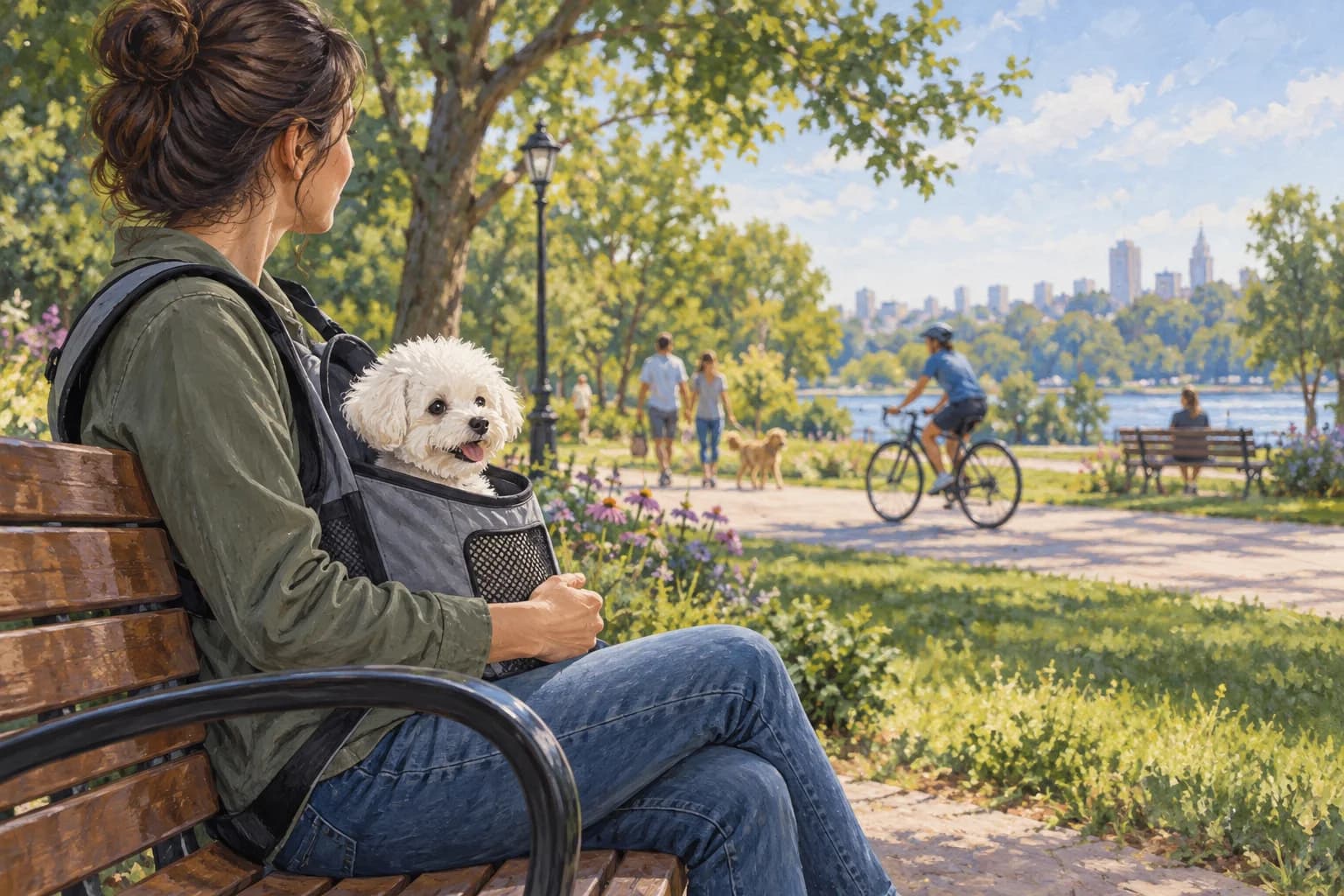 Illustration: Bichon puppy watching a park from a carrier beside its owner