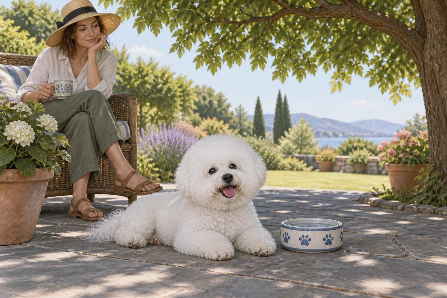 Illustration: Fluffy Bichon resting in patio shade beside a water bowl