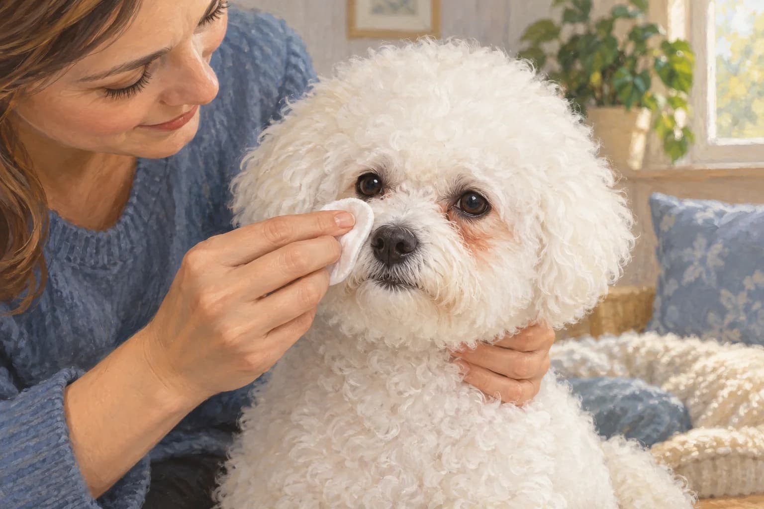 Illustration: Owner gently wiping the stained cheek fur below a Bichon’s eye