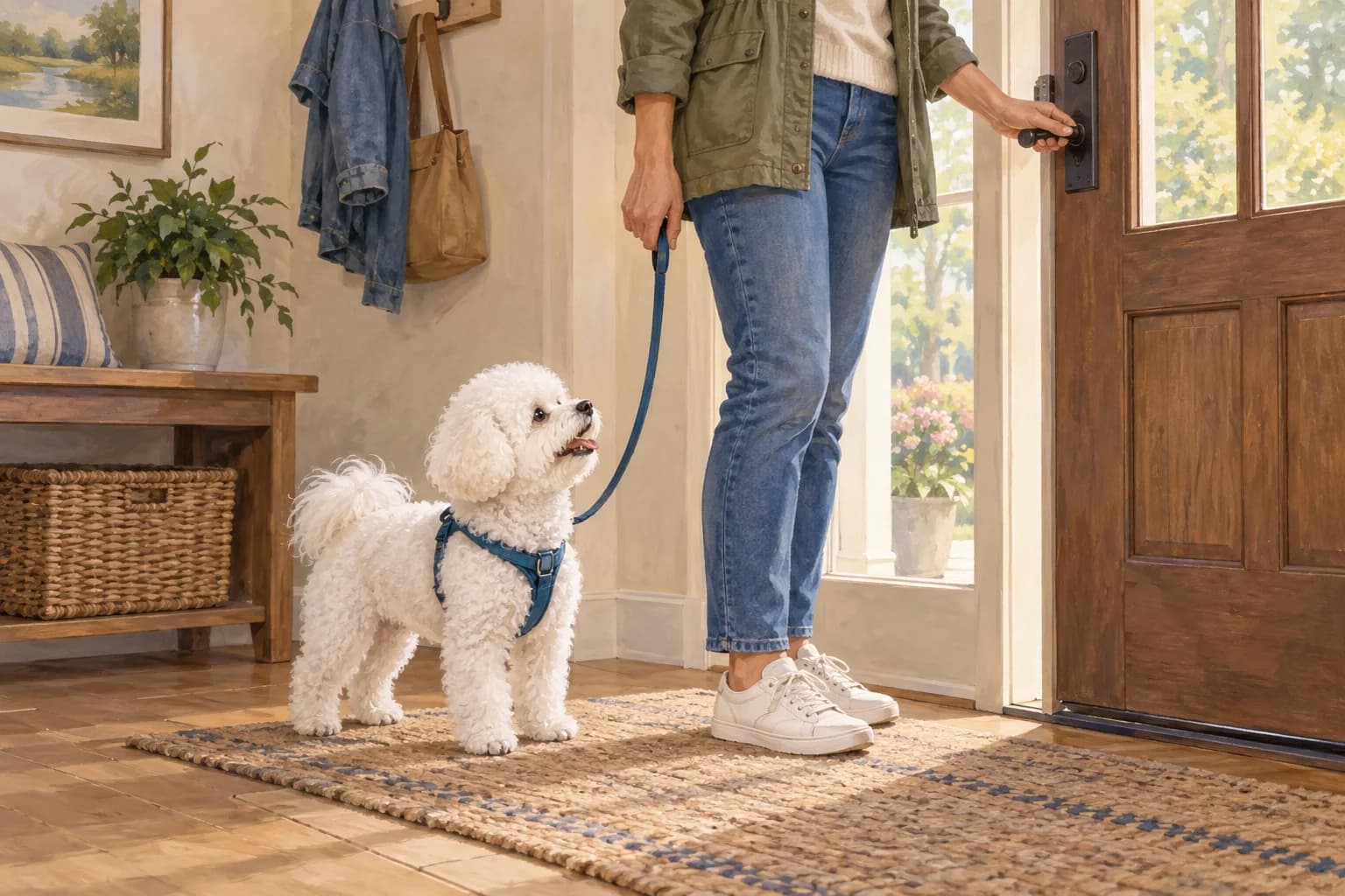 Illustration: Bichon waiting calmly beside its owner at a doorway during training