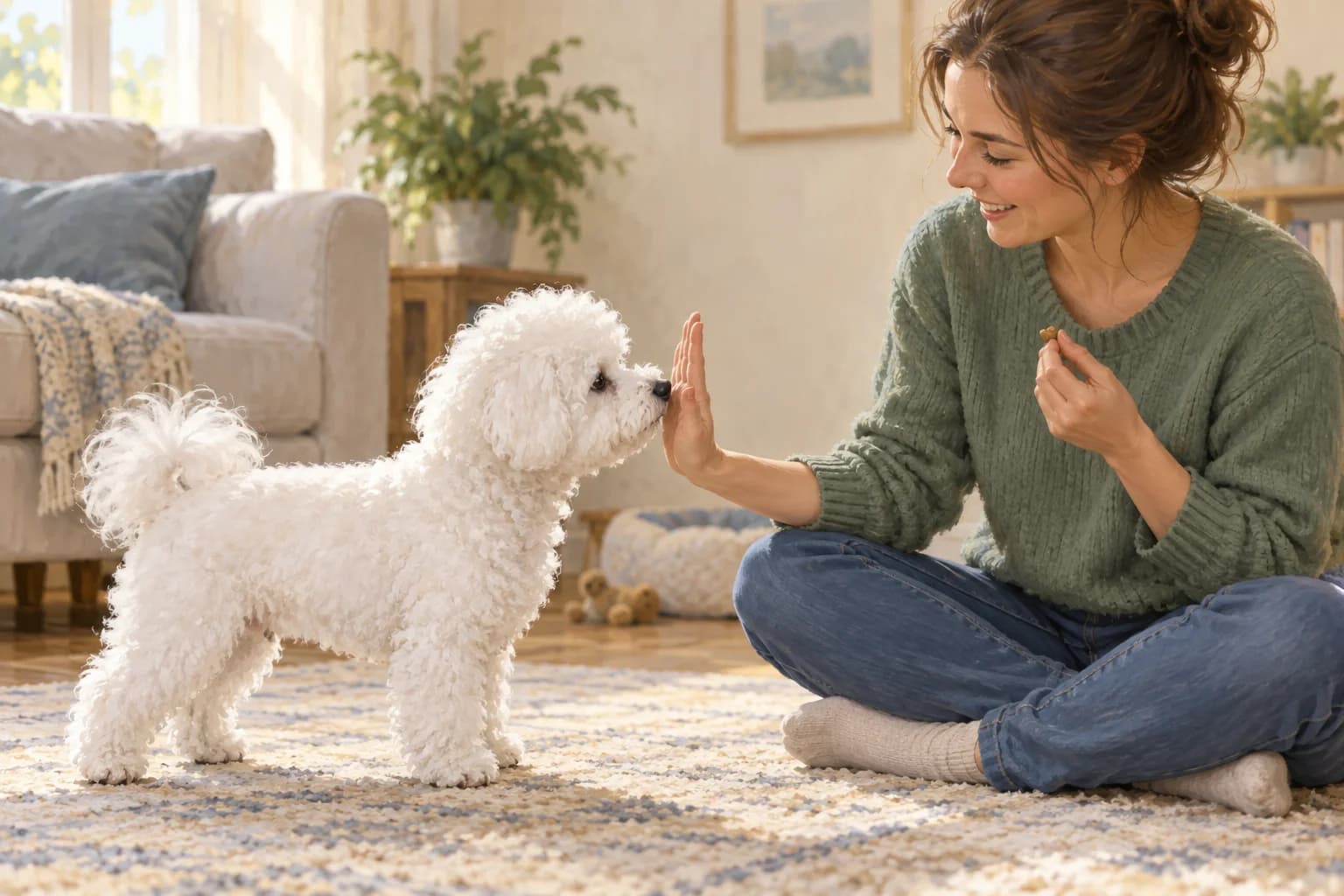 Illustration: Bichon touching an owner’s open palm with its nose during training