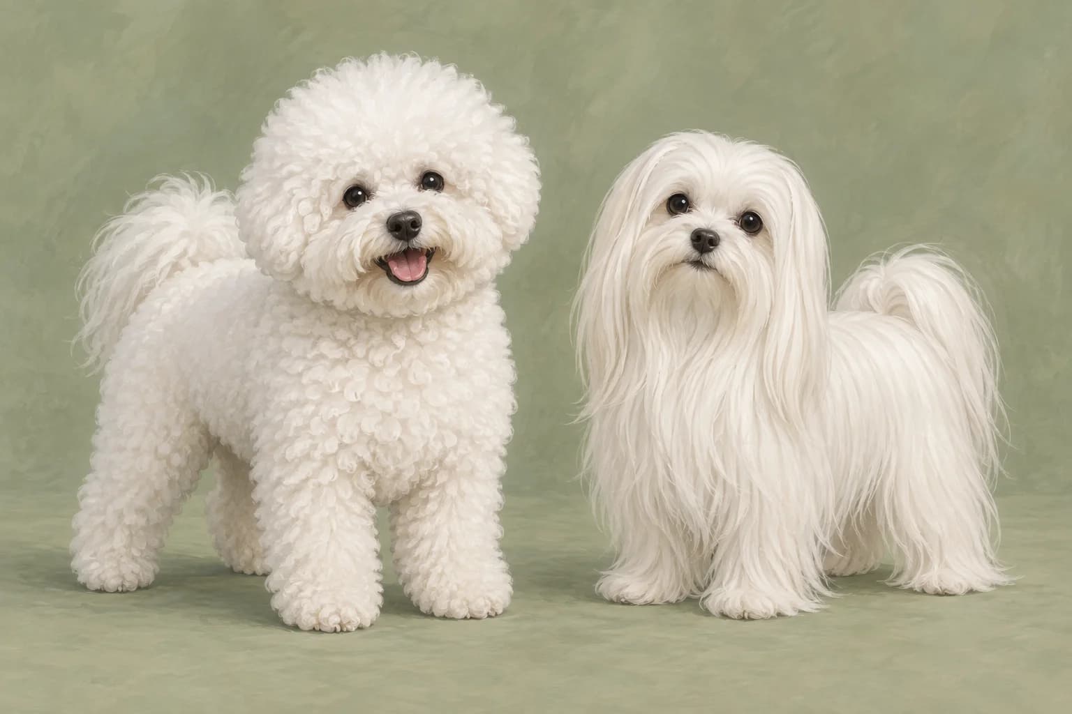 Illustration: Curly-coated Bichon beside a smaller straight-coated Maltese