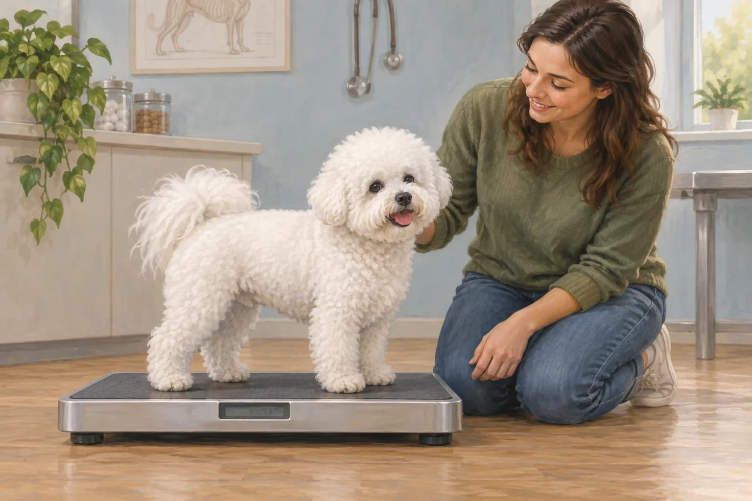 Illustration: Bichon standing on a low floor scale beside its kneeling owner