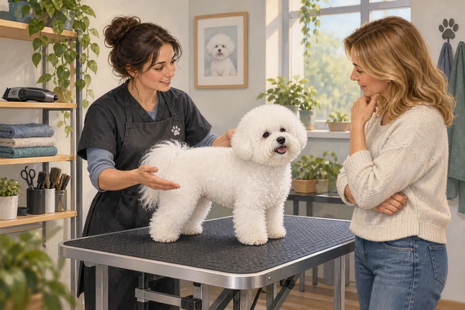 Illustration: Groomer and owner discussing a fluffy Bichon’s coat length