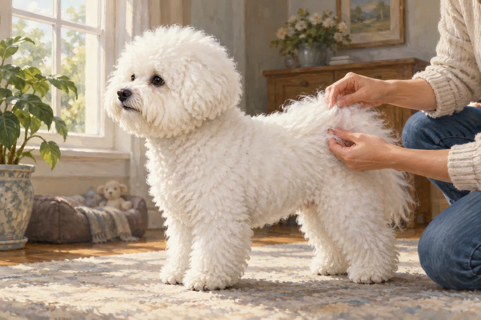 Illustration: Owner inspecting a section of a Bichon’s fluffy side coat