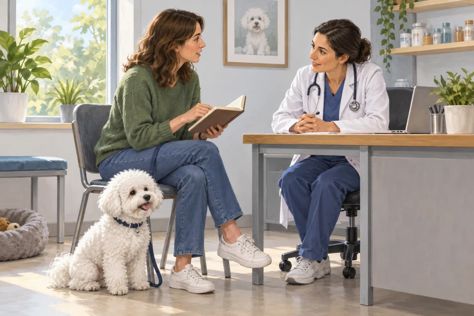 Illustration: Owner bringing a notebook of observations to a veterinary visit with a Bichon