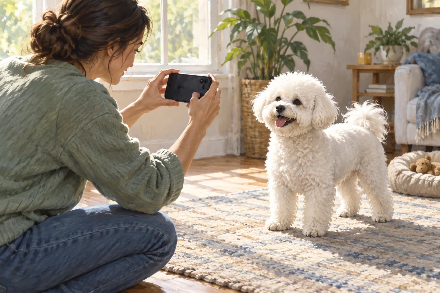 Illustration: Owner photographing a Bichon at eye level in natural window light