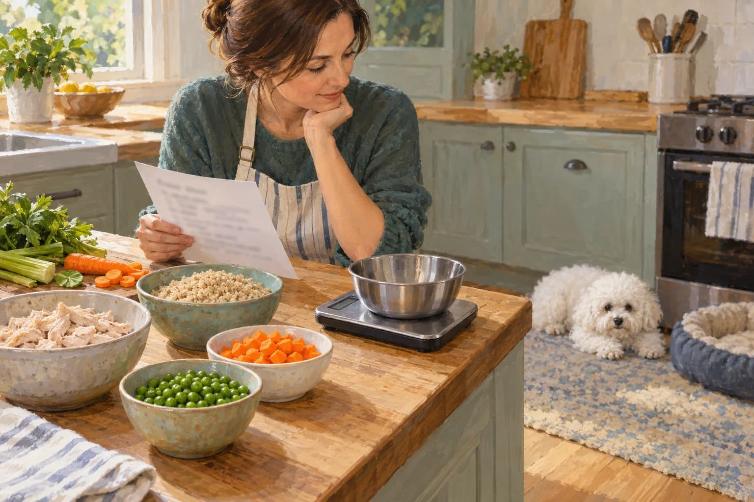 Illustration: Owner consulting a feeding plan beside a kitchen scale and prepared ingredients