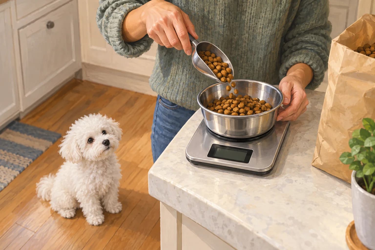 Illustration: Owner weighing dry food for a waiting Bichon puppy