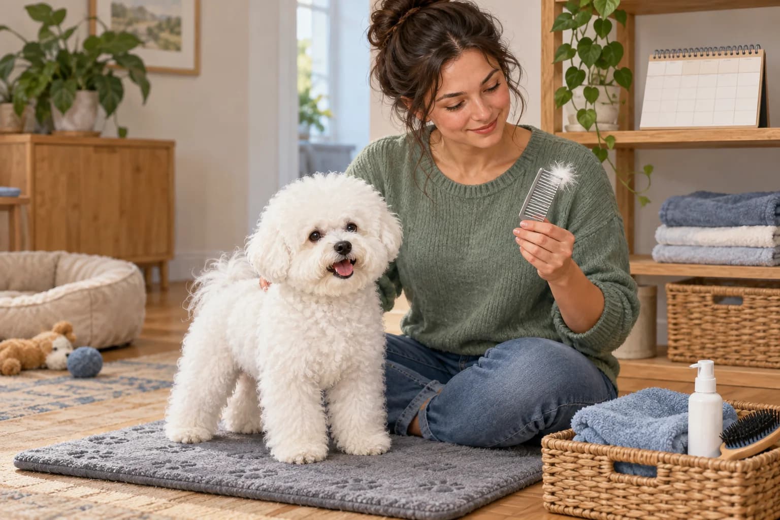 Illustration: Owner checking a comb while maintaining a Bichon’s coat at home