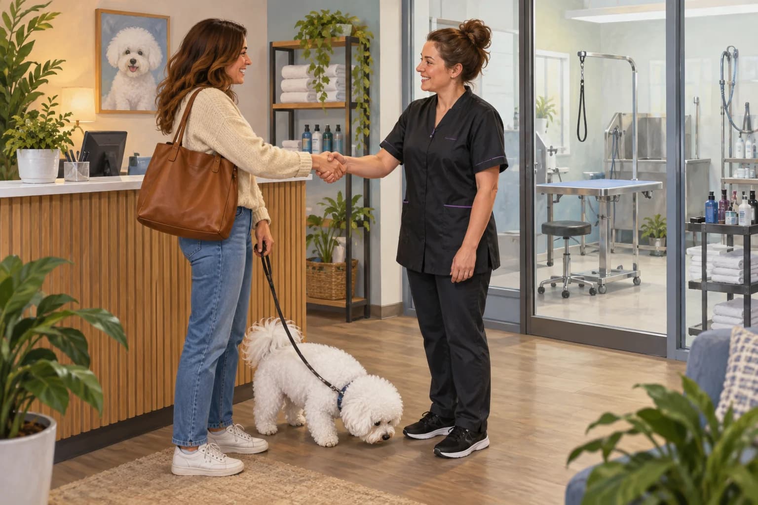 Illustration: Owner and Bichon meeting a groomer in a tidy reception area