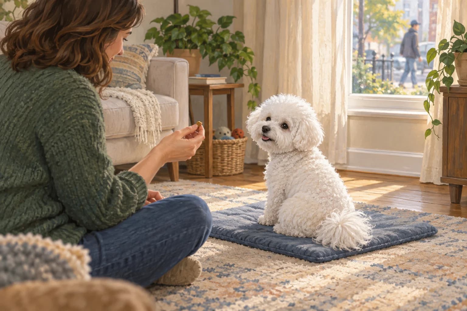 Illustration: Bichon turning toward its owner on a mat away from a window