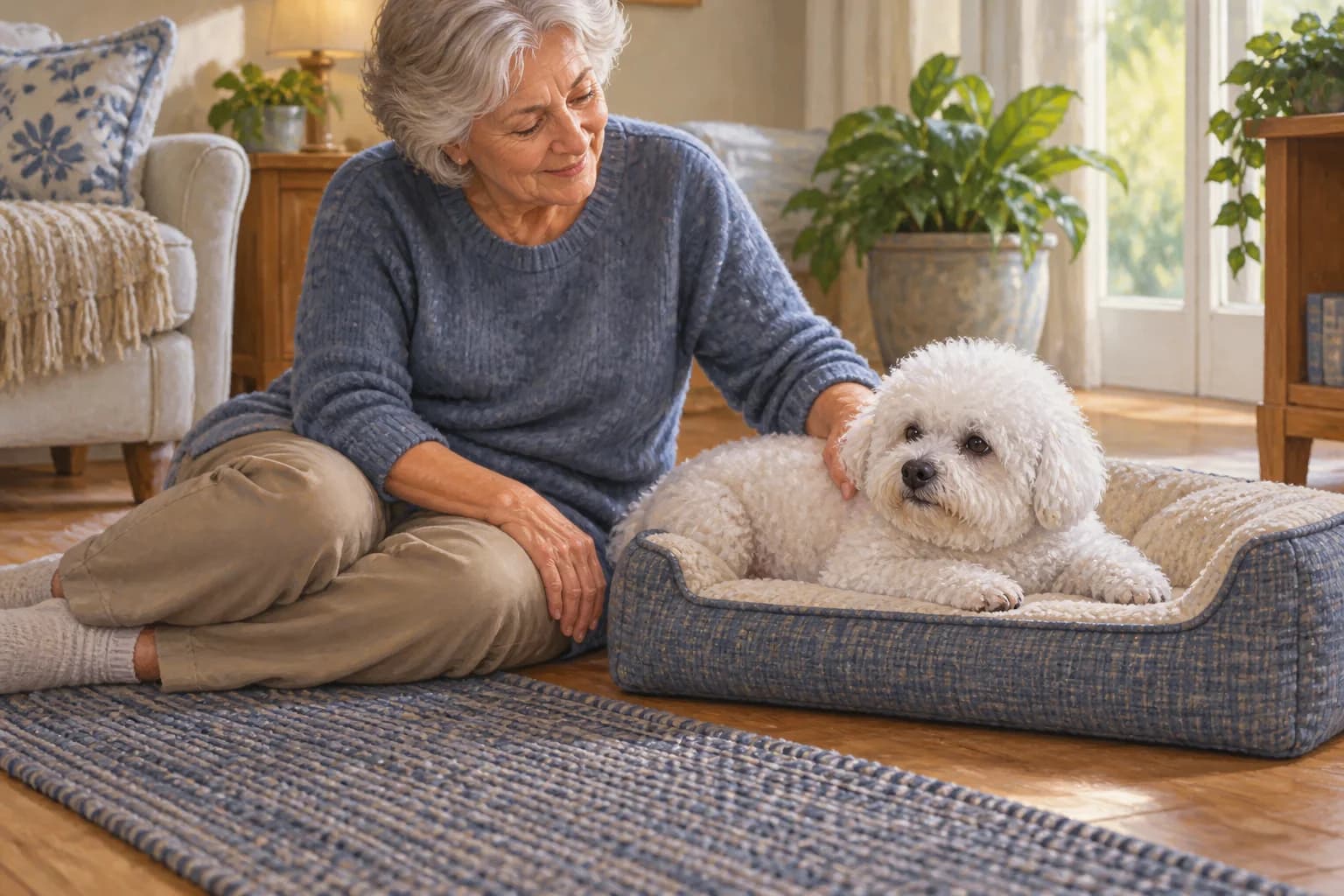 Illustration: Senior Bichon resting on a supportive bed beside a nonslip runner