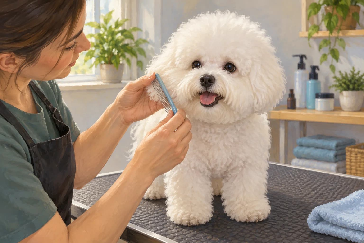 Illustration: Groomer lifting a Bichon’s cheek hair with a small comb away from its eyes