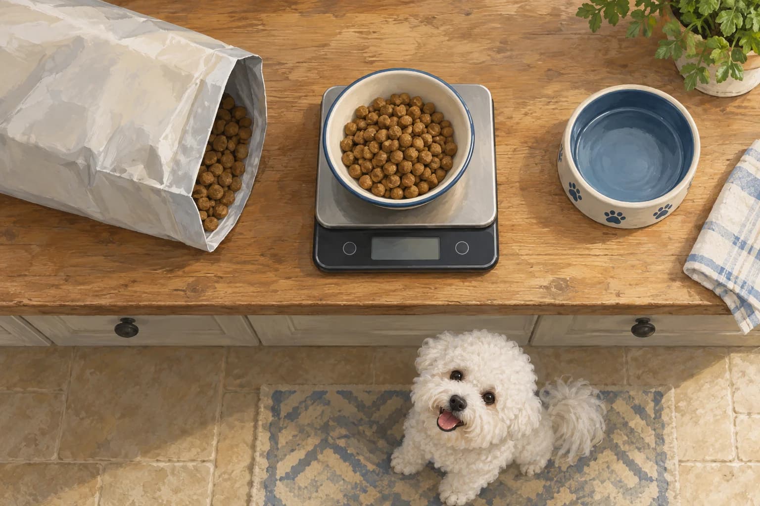 Illustration: Measured dry dog food beside a kitchen scale and plain food bag