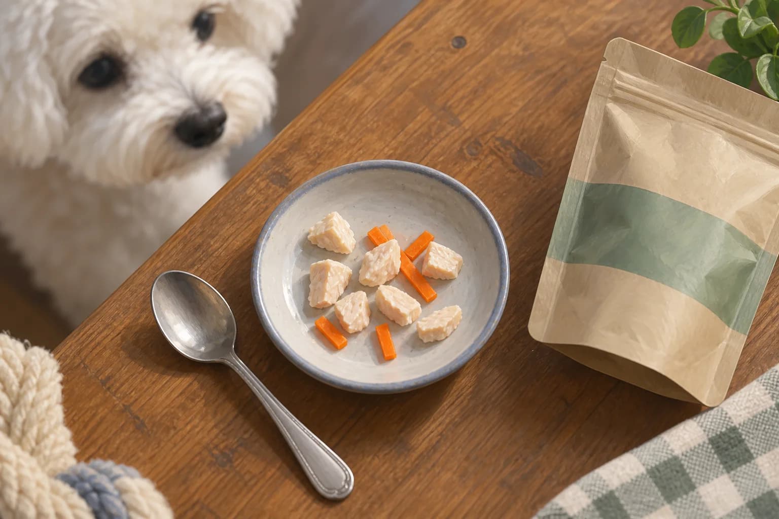 Illustration: Tiny chicken and carrot pieces on a saucer beside a teaspoon and treat pouch